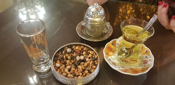 High angle view of drink in glass on table