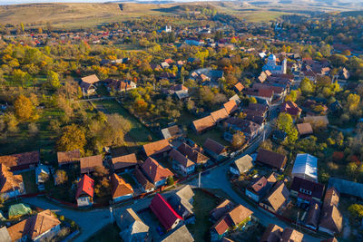 Aerial top drone view of countryside village in transylvania, romania