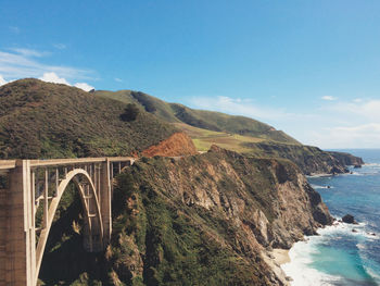Scenic view of mountains against blue sky