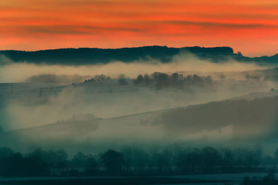 Scenic view of silhouette trees against orange sky