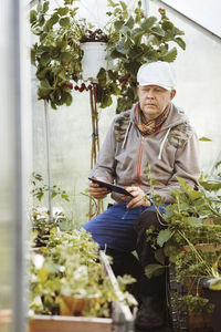 Mature gay man using digital tablet while examining plants in greenhouse