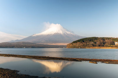 Scenic view of lake and mountains against sky