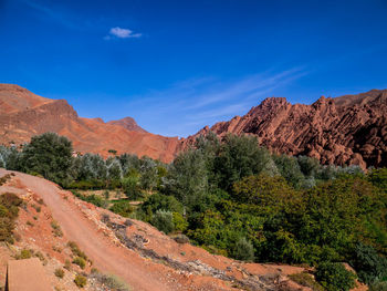 Scenic view of landscape and mountains against blue sky