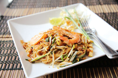 High angle view of food in plate on table