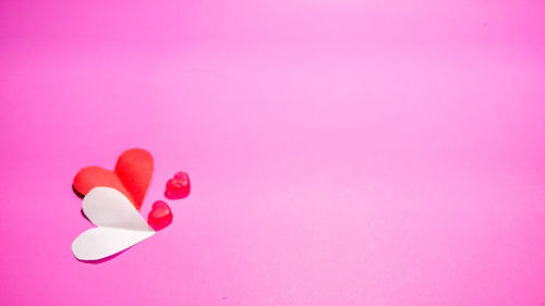 Close-up of heart shape with pink petals on red background