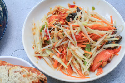 High angle view of food in plate on table