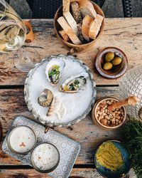 High angle view of appetizers on table