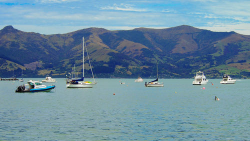 Sailboats in sea against mountains