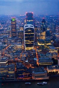 High angle shot of illuminated cityscape