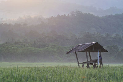 Lifeguard hut on field against sky