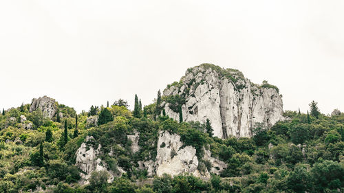 Low angle view of trees and rock formations against clear sky