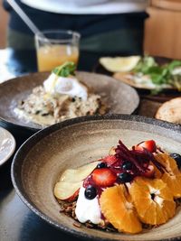 High angle view of breakfast served on table