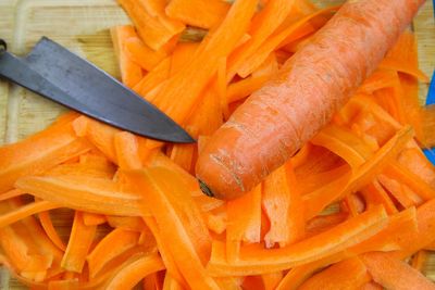 High angle view of chopped vegetables in plate