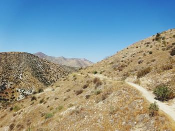 Scenic view of mountains against clear blue sky