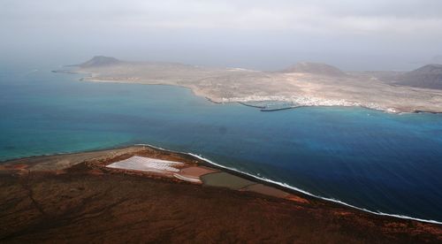 Aerial view of sea and mountains on sunny day at lanzarote