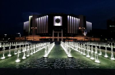 Illuminated fountain at night