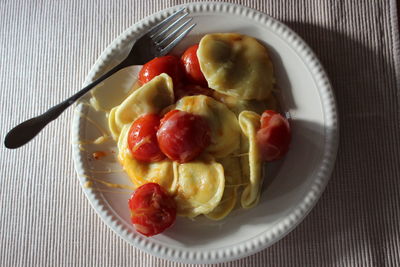 High angle view of breakfast in plate on table