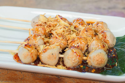 High angle view of food in plate on table