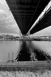 Bridge over river against sky in city