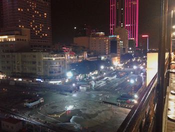 High angle view of city street at night