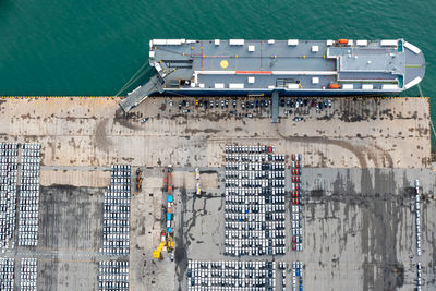  top view large roro  roll on off carrier vessels convey new line cars 