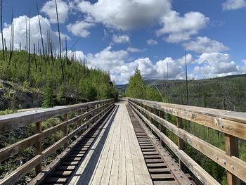 Railroad tracks by bridge against sky