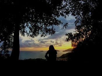 Silhouette man by tree against sky during sunset