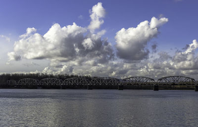 Bridge over river against cloudy sky