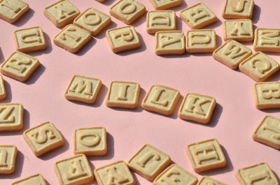 Shortbread sugar cookie letters of the alphabet spelling out the word m i l k