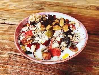 High angle view of breakfast served on table