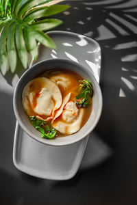 Close-up of soup in bowl on table