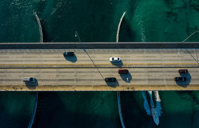 Aerial view of cars on bridge over river