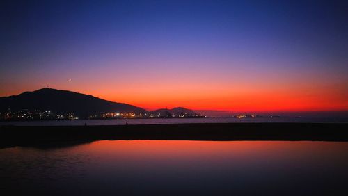 Scenic view of sea against clear sky at sunset