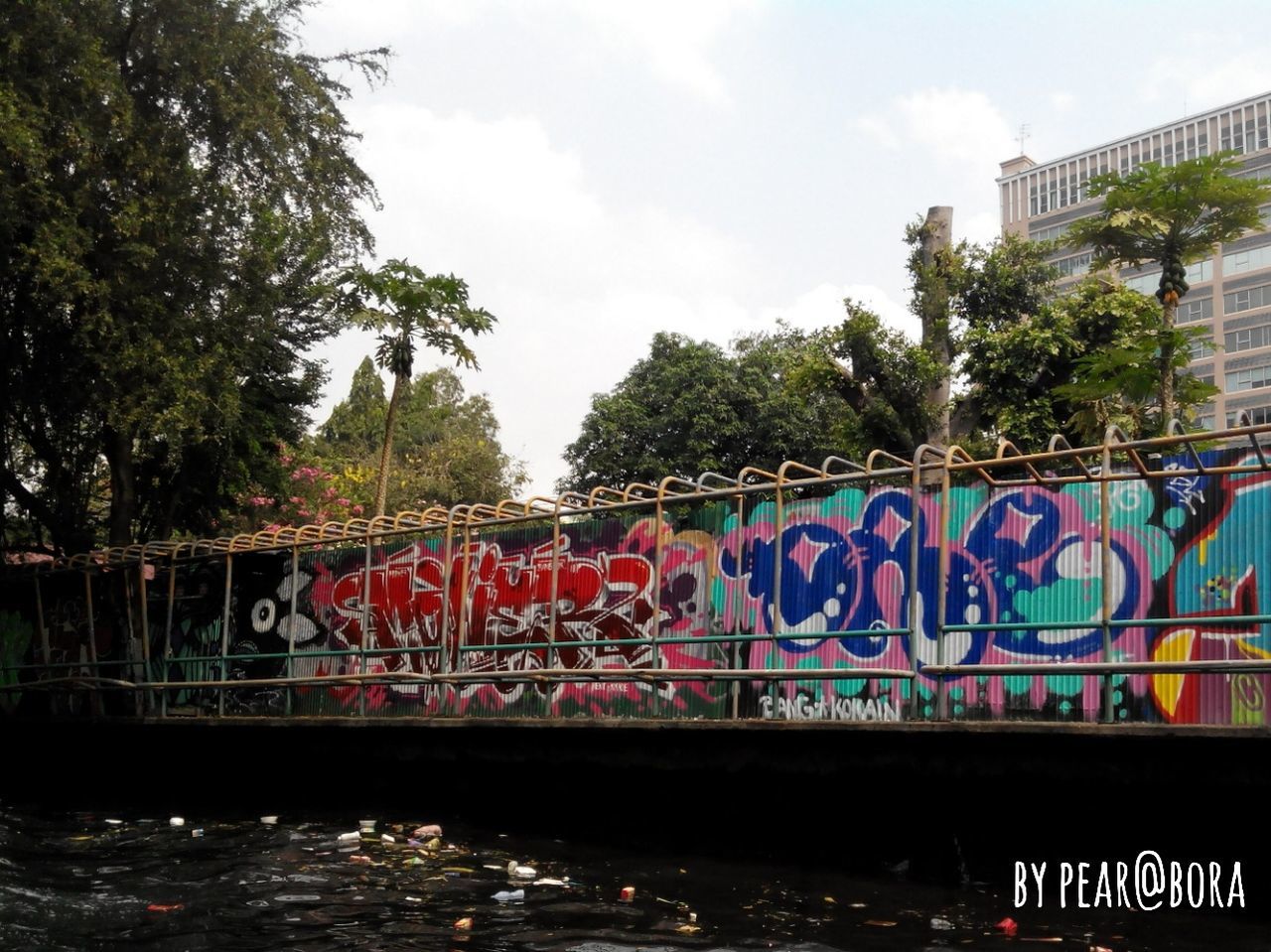 text, graffiti, built structure, western script, architecture, building exterior, tree, communication, sky, transportation, day, bridge - man made structure, railing, capital letter, outdoors, non-western script, connection, water, information sign, sign