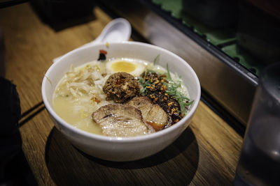 High angle view of meal served in bowl on table