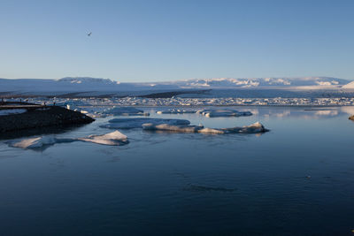 Scenic view of sea against clear blue sky