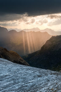 Scenic view of mountains against sky during sunset