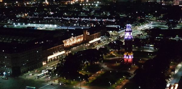 High angle view of illuminated cityscape at night