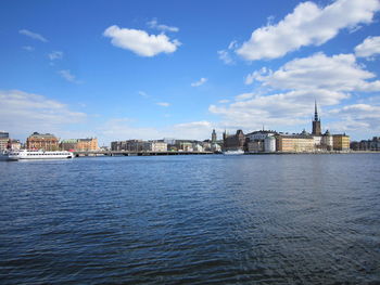 Blue water focus from the ground level with gamla stan on background