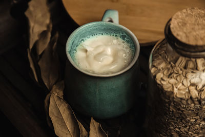 High angle view of coffee on table