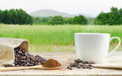 Coffee cup on table against mountains