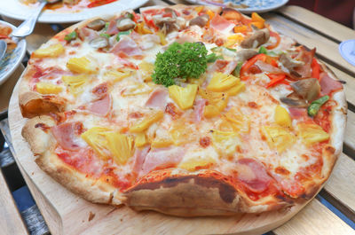 High angle view of pizza on table