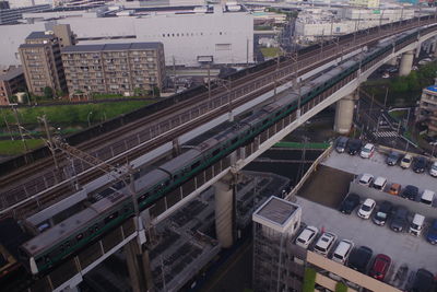 High angle view of buildings in city