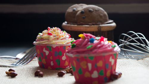 Close-up of multi colored cake on table