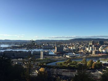 Cityscape against clear blue sky