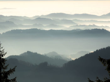 Scenic view of mountains against sky at sunset