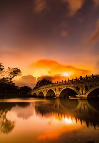 Bridge over river against sky during sunset