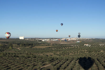 Hot air balloons flying over landscape against clear sky