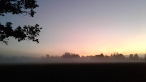 Silhouette trees on landscape against sky during sunset