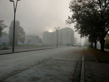 Road by trees against sky in city